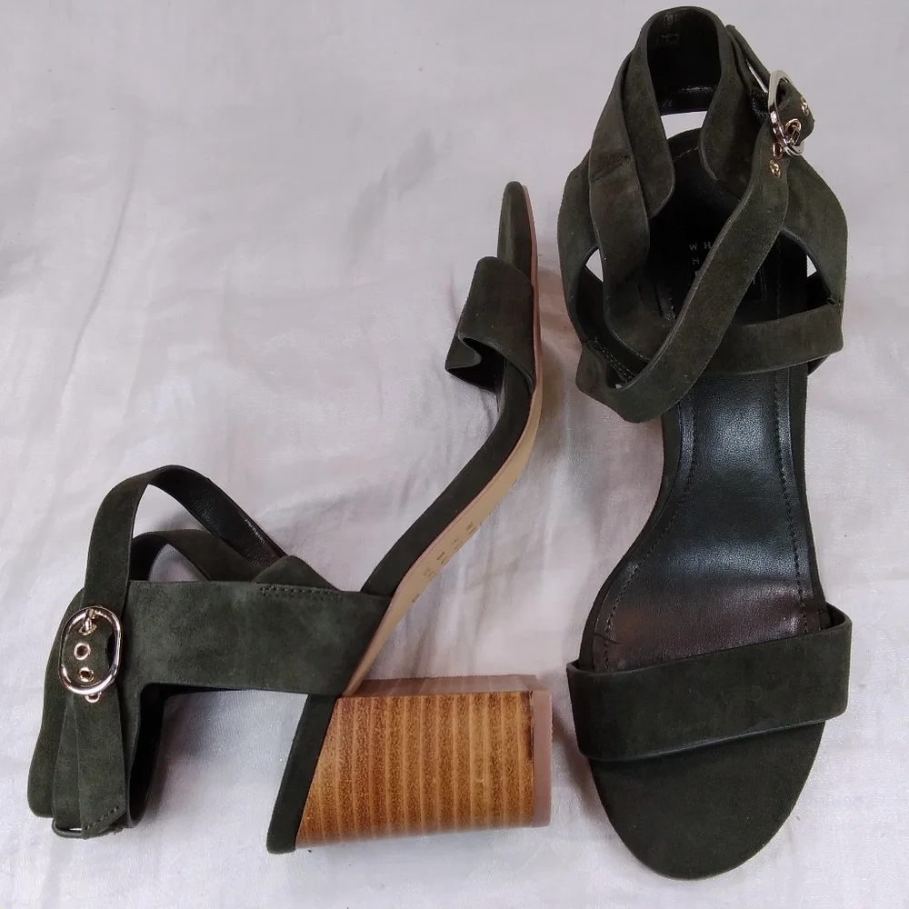 White House Black Market Marlo Olive Suede SANDALS Womens Size 6.5M Chunky Heels - Picture 12 of 12